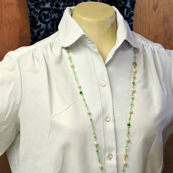 Green, White & Gold Necklace 38" long, never worn, OOAK handcrafted jewelry - Picture 9 of 9